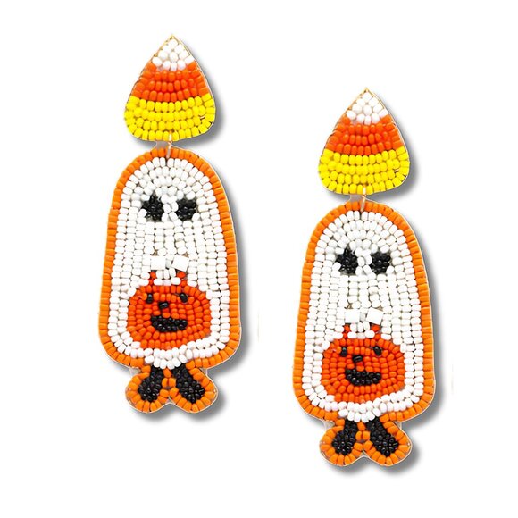 Halloween Candy Corn Trick or Treat Ghost Seed Beaded Earrings - Picture 1 of 2